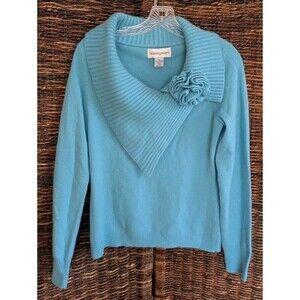 Bloomingdale's Cashmere Sweater Women's Medium Shawl Collar Flower Pin Turquoise